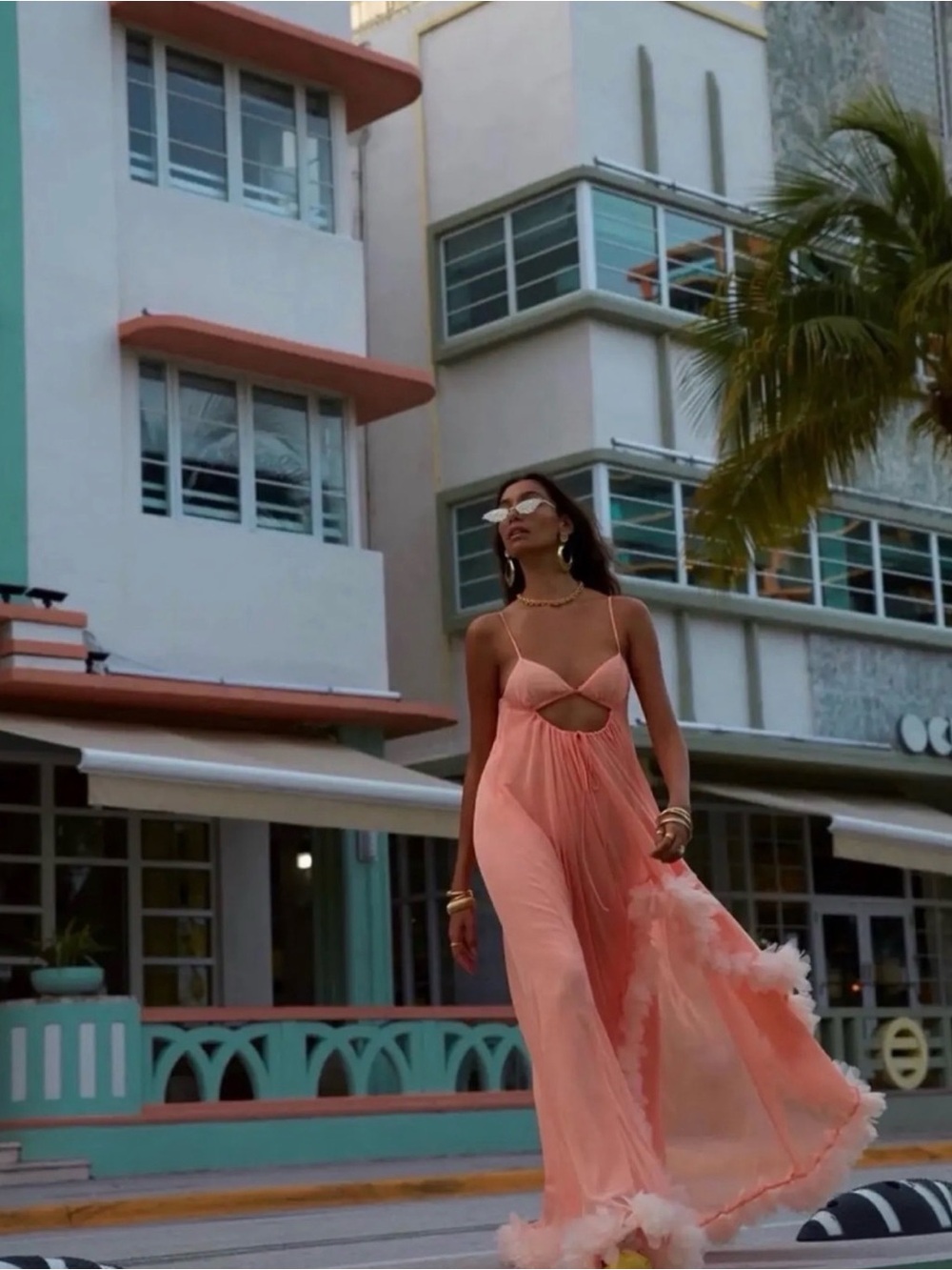 For Love And Lemons Peach Cutout Maxi Dress with Ruffle Hem